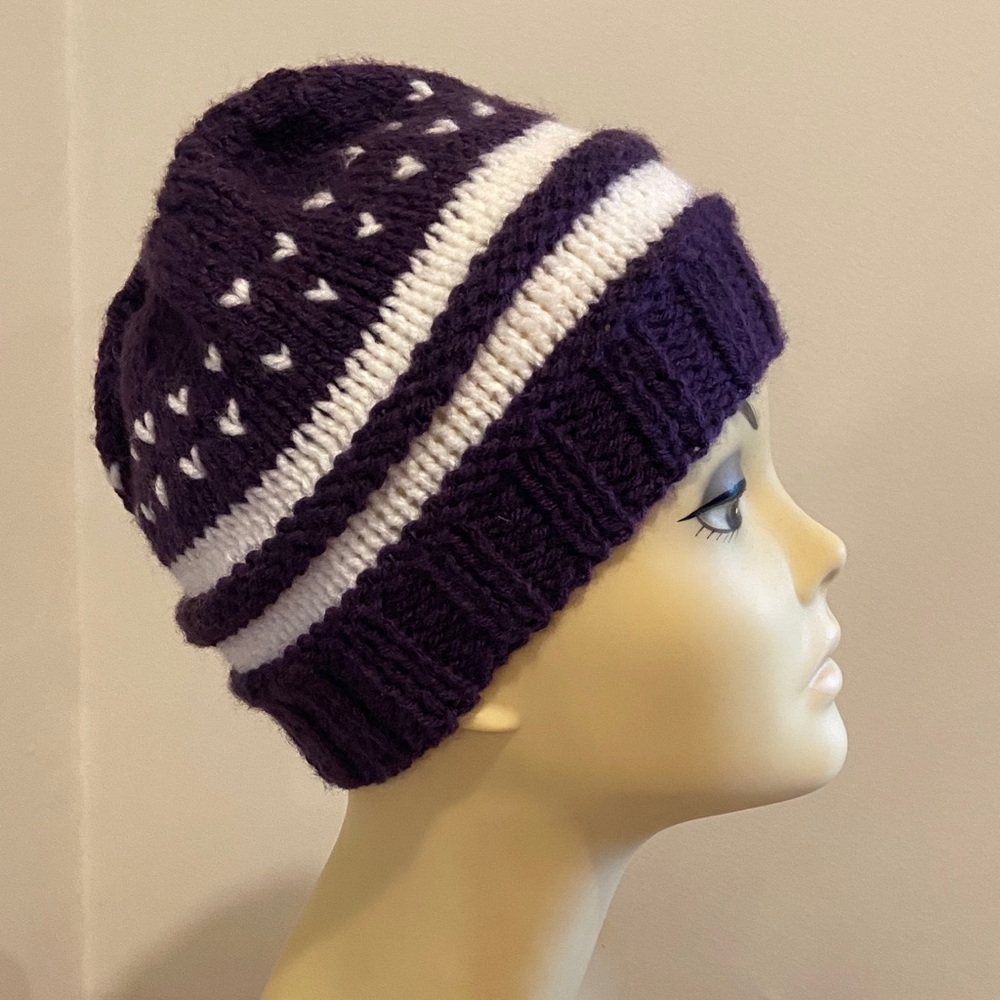 Purple and White Knit Beanie